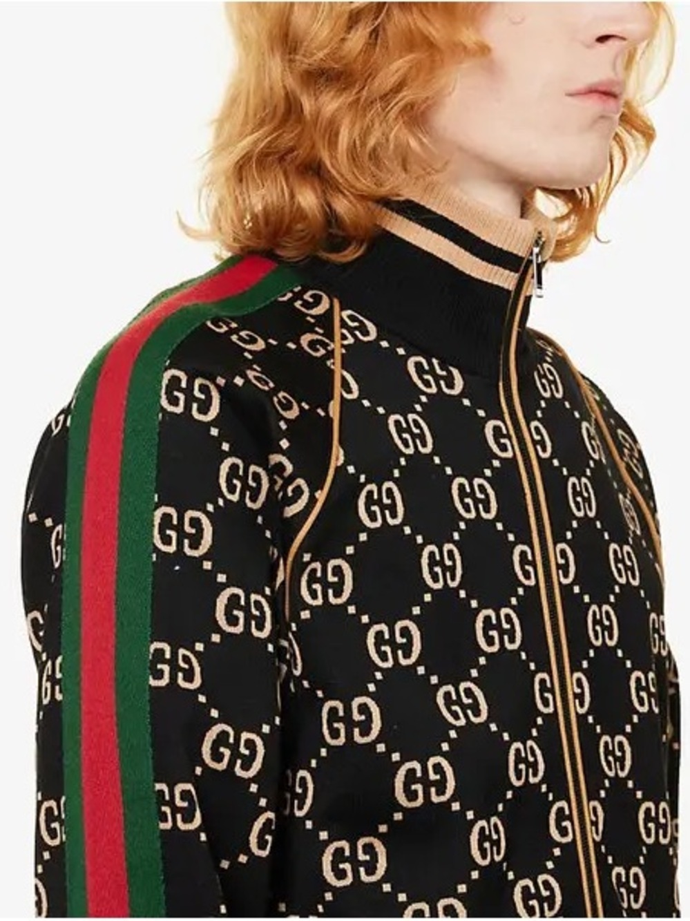 Gucci Black GG Monogram Zip-Up Track Jacket with Red & Green Stripes